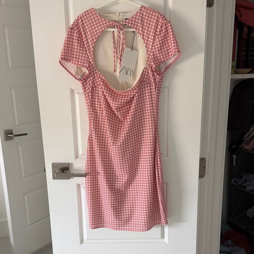 Zara Pink and White Gingham Cutout Mini Dress